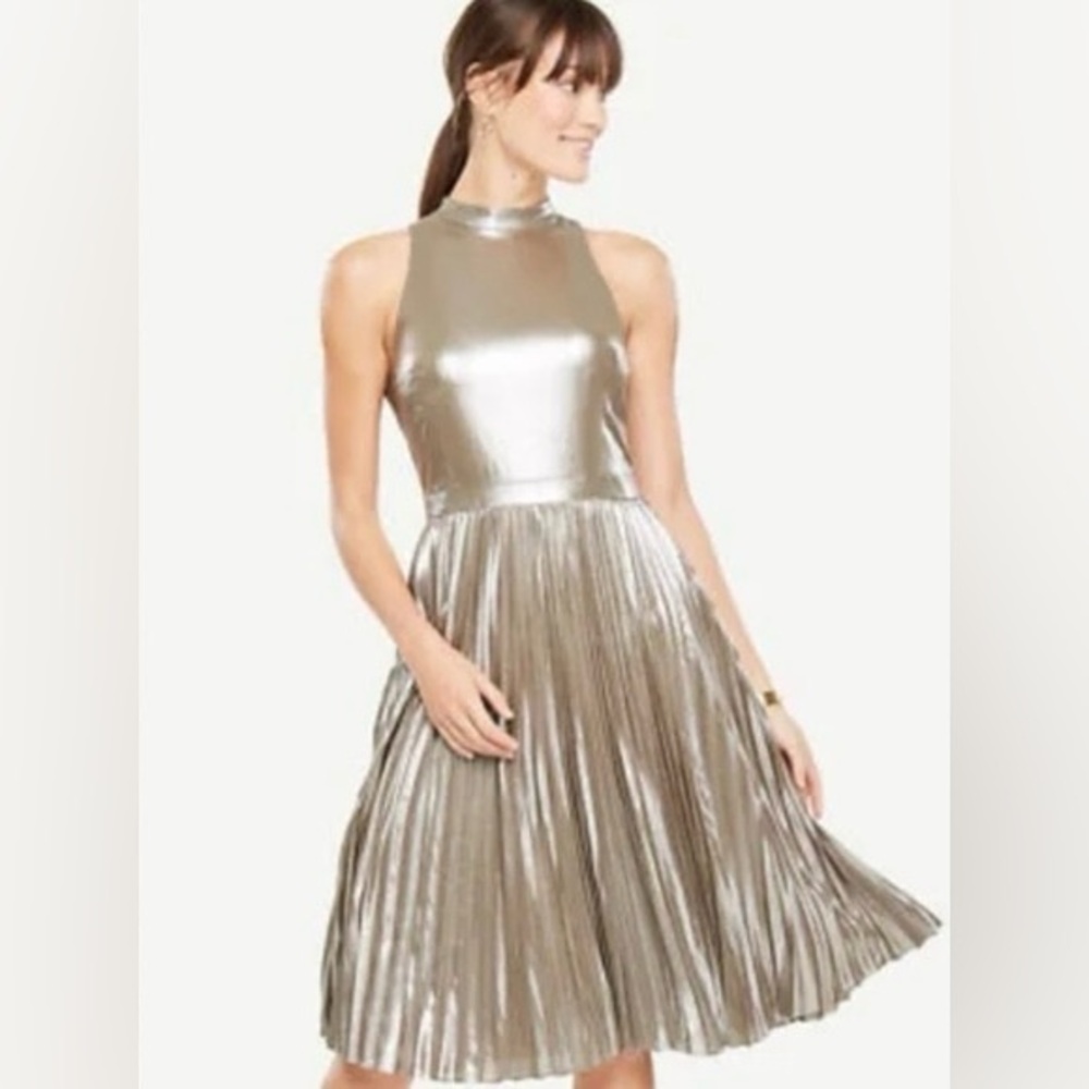 Ann Taylor Metallic Gunmetal Pleated Skirt Dress Size 6 Metallic